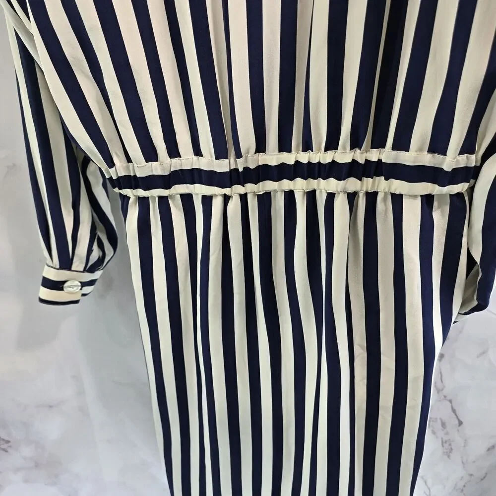 Vintage Silk Dress Womens Large 12 Navy Cream White Midi Maxi Striped Talbots - Picture 9 of 16